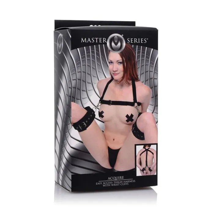 XR Brands Restraints | Master Series Acquire Thigh Harness & Wrist Cuffs - Black Restraints
